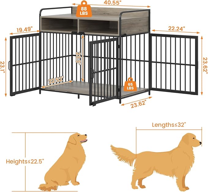 Large Furniture Dog Crate, Dog Kennel Indoor, Wood Dog Cage Table with Drawers Storage, Heavy Duty Dog Crate, Jaula para Perros, Sturdy Metal, 40.5" L×23.6" W×35.4" H, Rustic Grey
