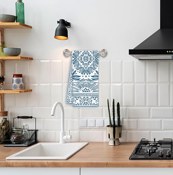 Vintage Boho Blue Floral Kitchen Towels Decorative, Art Deco Botanical Dish Towels, Blue and White Cottagecore Hand Towels Drying Cloth for Kitchen Bathroom Decor, 16x24 Inch