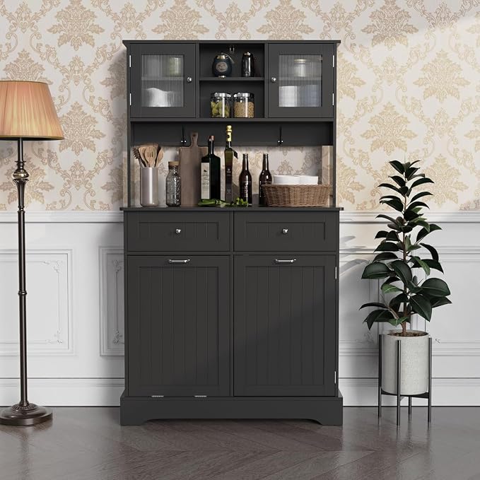 68.4" Kitchen Pantry Storage Cabinet, Freestanding Cupboard with Shelf, 2 Drawers and 1 Tilt Out Trash Cabinet, Tall Cabinets for Kitchen, Dinning Room, Living Room (Glossy Black, Single Tilt)