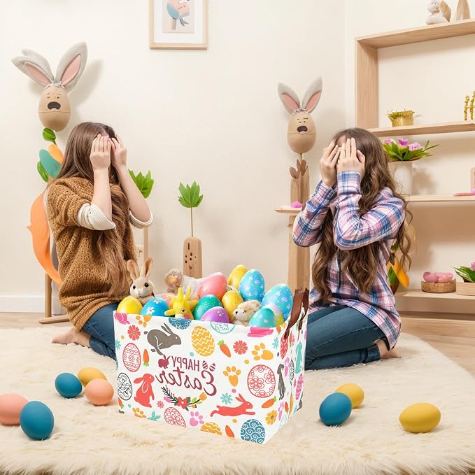 Easter Basket for Kid Large Empty Rectangular Cute Easter Gift Storage Basket Bunny Eggs Décor (Rabbit Bohemia)