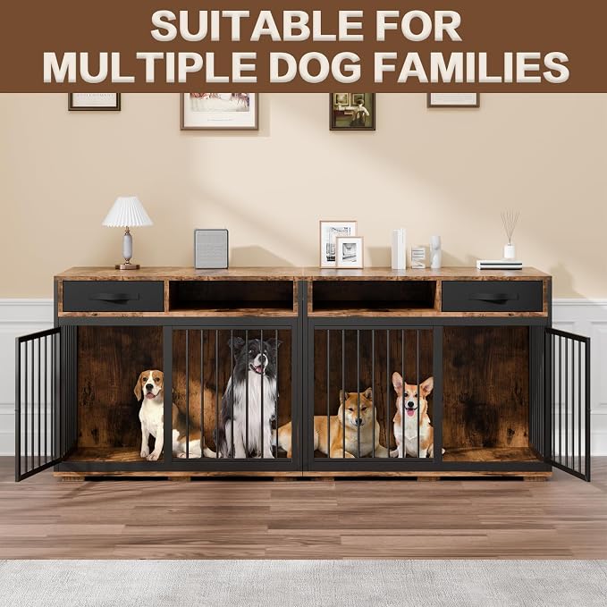 Corner Dog Crate Furniture,67" Metal Frame L Shaped Double Dog Crate Kennel with Divider and 2 Fabric Drawers TV Stand Large Breed Indoor for 2 Dogs Rustic Brown
