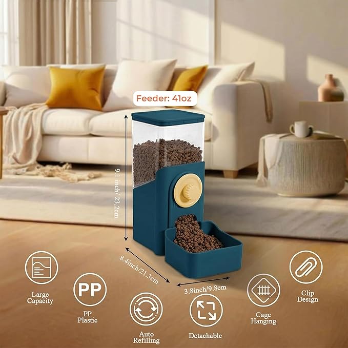 Auto Gravity Food Dispenser for Cage Hanging, 41OZ Capacity Hanging Automatic Pet Cage Feeder, Food Bowl for Cats Dogs Rabbit Ferret Chinchilla Bird Hedgehog Guinea Pig (Dark Blue)