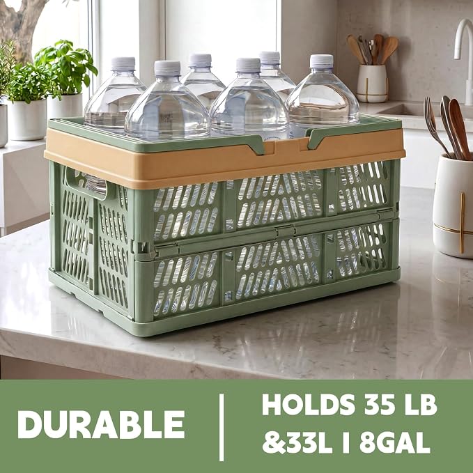 VALESKA 17inch Plastic Milk Crate,33L Collapsible Crate for Shopping and Storage, Foldable Shopping Basket with Handles,Car Trunk Basket,for Kitchen(Green)