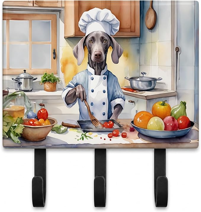 Caroline's Treasures Weimaraner The Chef Leash or Key Holder Wall Hooks, Key Hooks Holder, Coat Rack Wall Mount, Coat Hooks, Hooks for Hanging Keys, Towels, Aprons, Leashes | Weimaraner The Chef artwork on ceramic tile with three steel hooks for keys, ...
