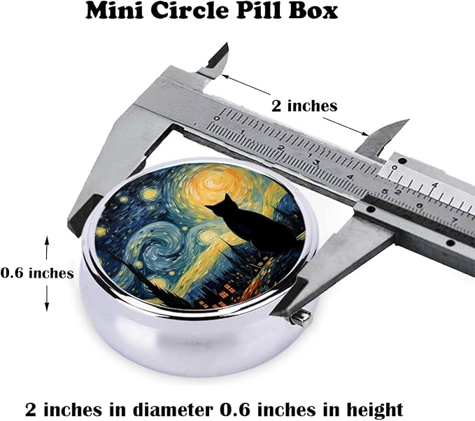 Pill Box, Small Pill Organizer with 3 Compartments and Mirror, Cute Round Portable Travel Metal Pill Case for Pocket or Purse, Privacy-Protecting Medicine Box-Starry Sky Cat