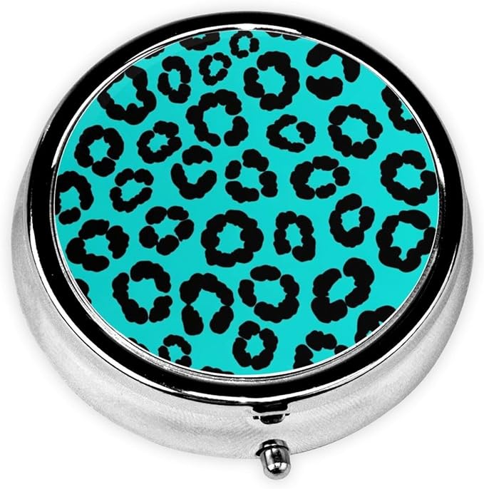 Compact Pill Container, Round Mini Box with Mirror, Travel Organizer for Supplements, Pocket Purse Holder for Daily Routine, Cheetah Blue and Black Leopard Print