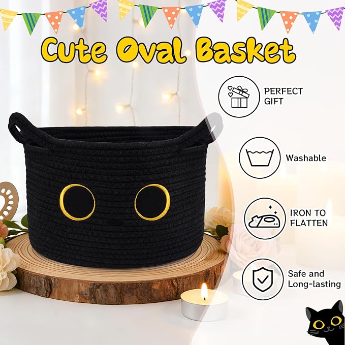 Cute Cat Toy Basket, Large Cotton Rope Toy Bin Box for Cats Bin | Oval Baby 0rganize Blanket Shower Hamper with Handles, Decorative Storage Cat Bin, Halloween Decor,13"D x 8"H IN
