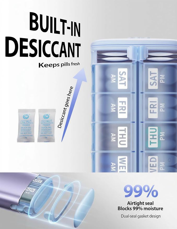 Vaydeer Metal 7 Day Travel Pill Organizer 2 Times a Day, Built-in Desiccant | AM PM weekly Travel Pill Case, Twice-Daily，Airtight Large Capacity Pill Box for Vitamins, Medication, Supplements & Fish Oil