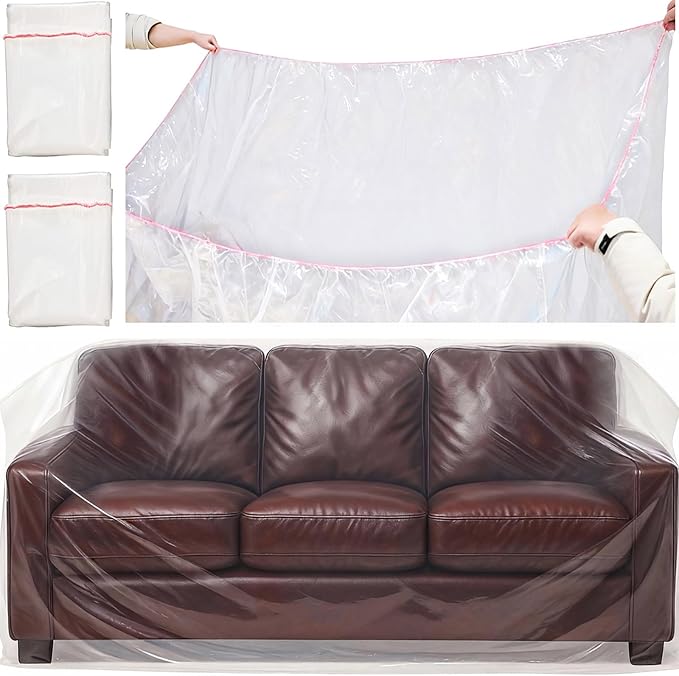 2 Pack Plastic Couch Cover Furniture Cover with Elastic Band, Clear Sofa Cover Protector for Moving and Storage, Waterproof & Dustproof Moving Bags for Couch Slipcover 92W x 42D x 42H Inches
