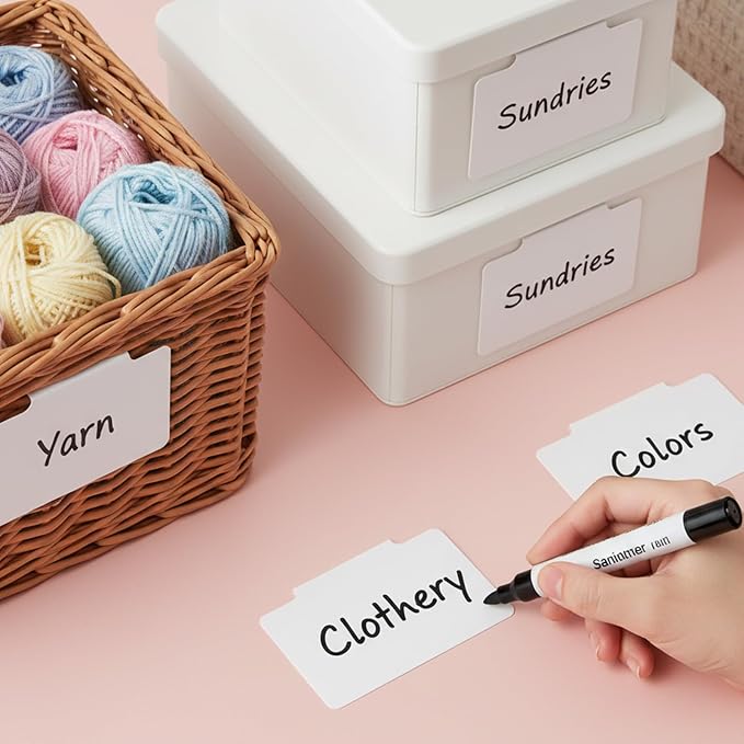 16Pcs White Clip-On Basket Labels, 3.5x2.5 Inch Removable PVC Labels with Holders for Storage Bins, Pantry & Closet Organization, Removable Label Holders