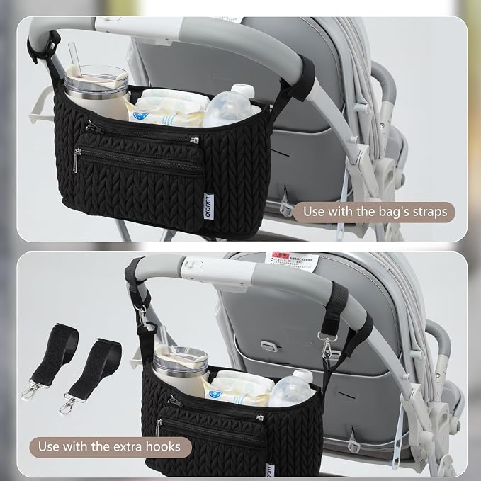 Stroller Organizer With Insulated Bottle Holder- Universal Fit, Detachable Bag, Fit For Most Of The Stroller And Pet Stroller (Black-B)