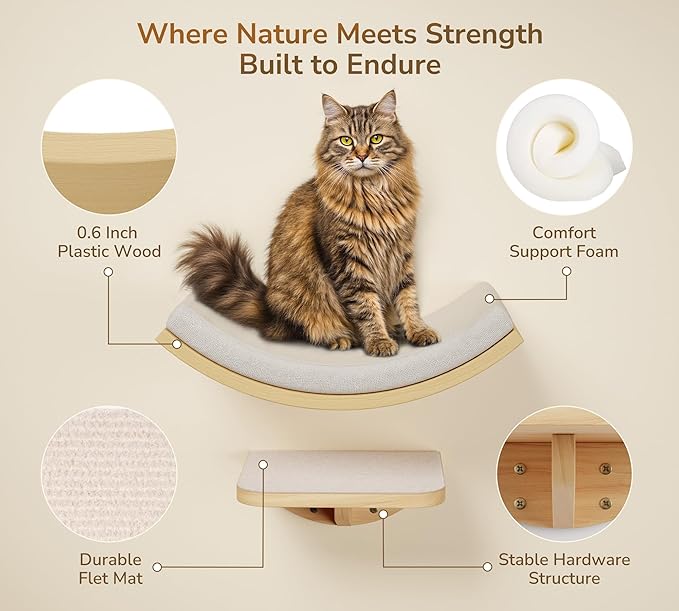 Cat Wall Shelves with Sisal Pads, 4-Piece Wooden Cats Furniture Set with Cat Window Perch, Flat Shelf & Sisal-Clad Steps for Climbing and Scratching