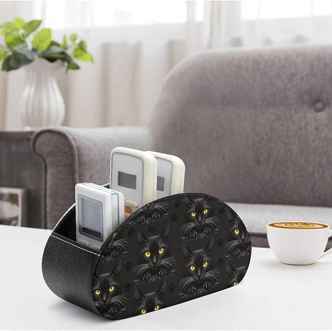 Remote Control Holder for Table Black Cat Gothic Desktop Storage Box | Makeup Brush Caddy with 5 Compartments, Black Cat Gothic Bedside Table Organizer Office Supplies
