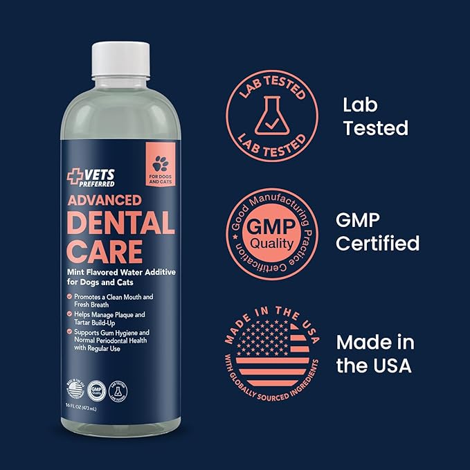 Vets Preferred Dog Breath Freshener & Water Additive for Dental Care – Fights Bad Breath, Removes Tartar & Plaque – Dog Mouthwash for Healthy Teeth & Gums, Gingivitis Support – Mint Flavor