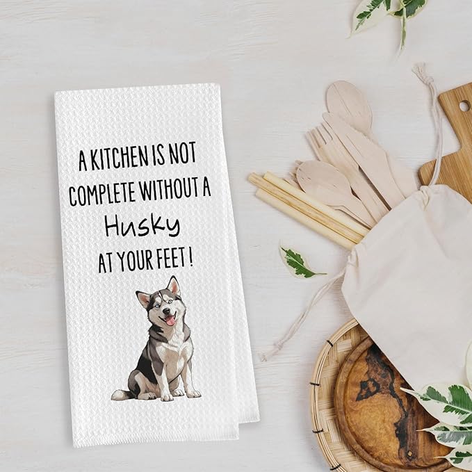 Funny Husky Dish Towels - Decorative Waffle Weave Kitchen Hand Tea Towels, Siberian Husky Gifts (1624 Inches)