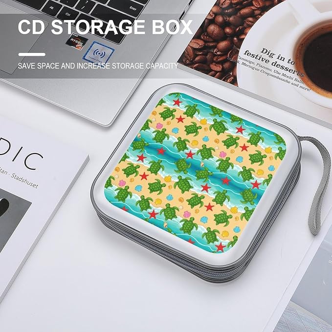 40-Disc CD/DVD Protective Case Beach Ocean Cute Turtle, Hard Plastic Binder with Zipper, Portable Storage Organizer for Travel Office