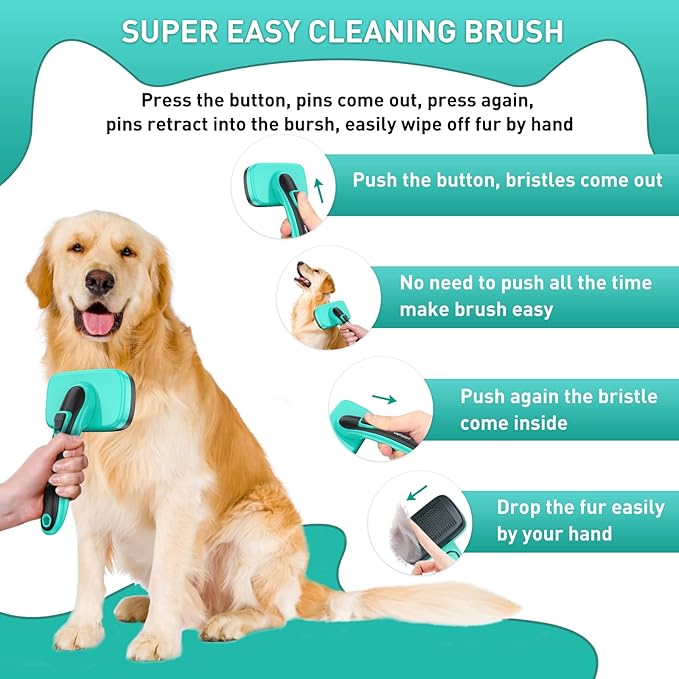 Dog Brush - 3 Pcs Self Cleaning Slicker Brush & Nail Clippers & Pet Comb for Dogs,Cats and Horses, Skin Friendly Deshedding Grooming Tool whit Short Long Haired Pets