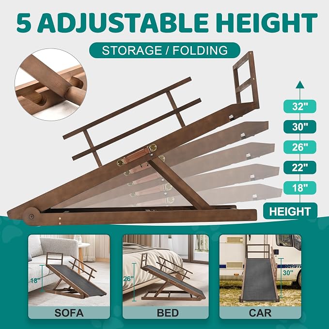 Dog Ramp for Bed & Couch, Foldable Wooden Pet Ramp, 5 Adjustable Heights | Height up to 31", Portable Dog Ramp with Non-Slip Rubber Surface & Safety Railings, Pet Ramp for Small, Large, Senior Dogs