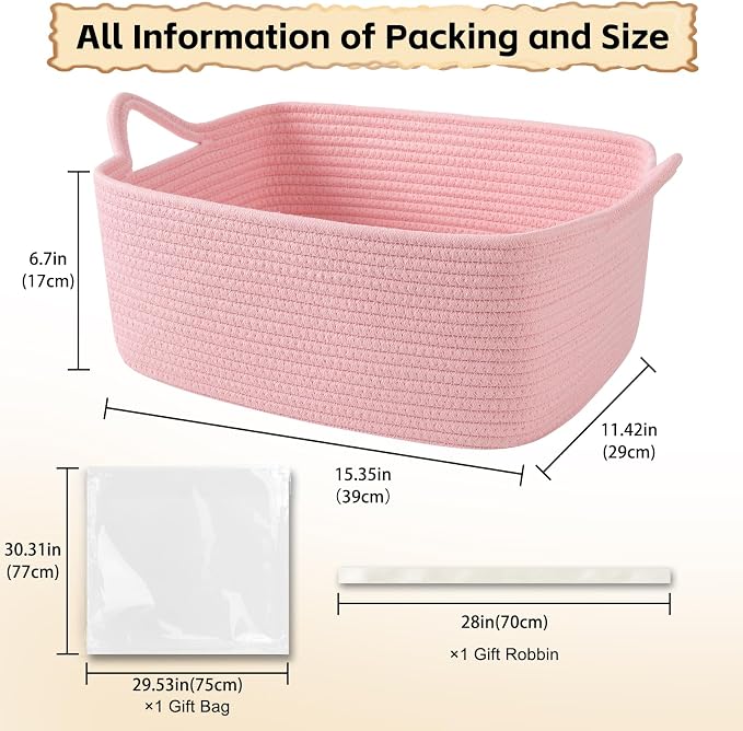 OIAHOMY 19L Woven Basket, Gift Basket Empty with Gift Bags and Ribbons, Rope Baskets for Baby Showers, Storage Baskets with Handles for Nursery, Pet Toy Organizer - Pink