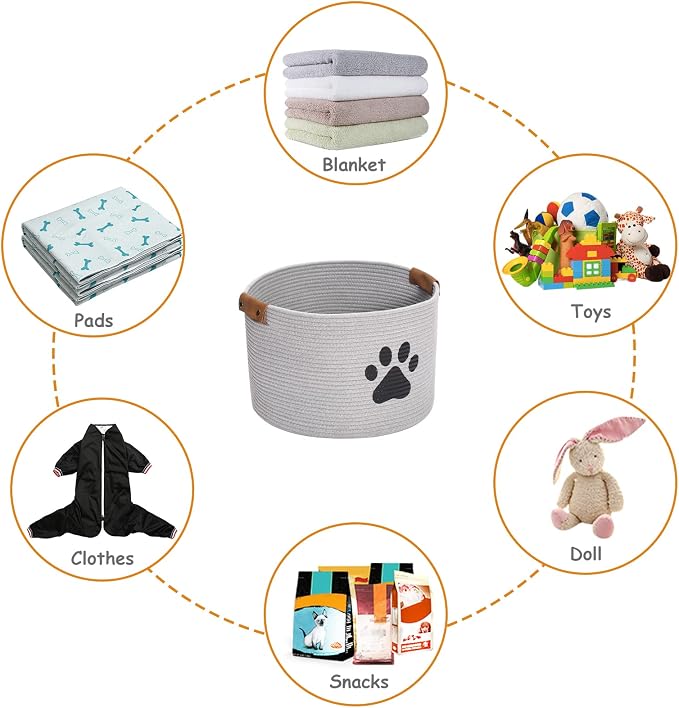 Round Dog dog toy basket storage weave Rope Storage Basket Pet/Doy Toy Box Dog Storage Basket-Gray
