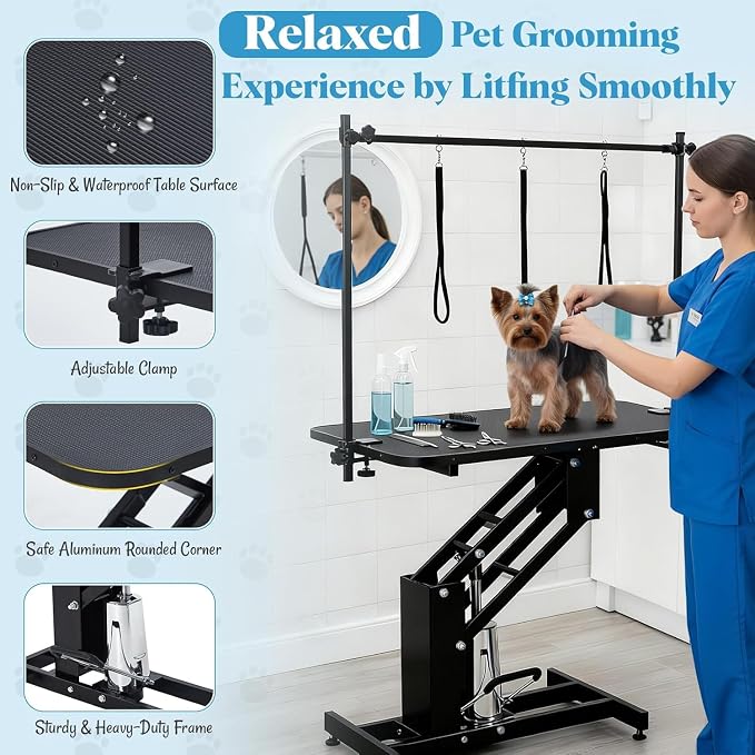 Garvee 43.3" Hydraulic Dog Grooming Table with Max 350 LBS Loading Capacity | Adjustable Height Range 22-39 in, 3 Adjsutable Nooses, Professional Pet Grooming Table, Home Use, Heavy Duty, Black