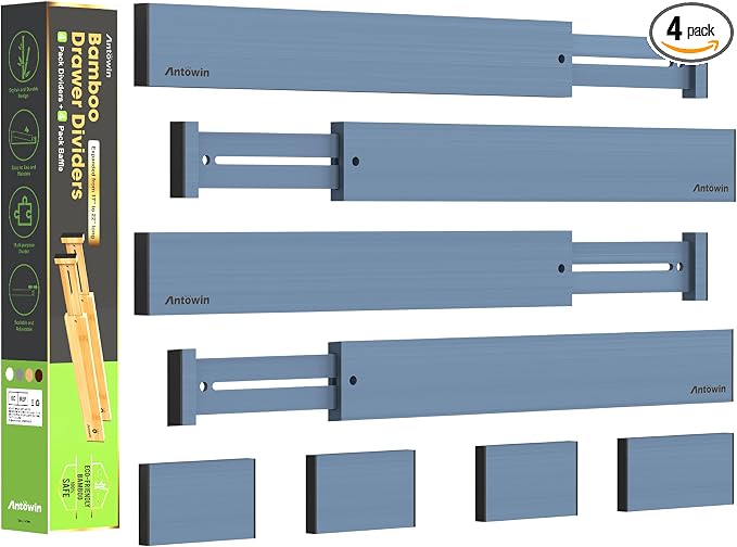 Bamboo Drawer Dividers, Expandable Drawer Separators Splitter,17-22 inches Long Adjustable Spring-loaded Organizer for Large Utensil, Clothes, Tools Drawers (Blue)