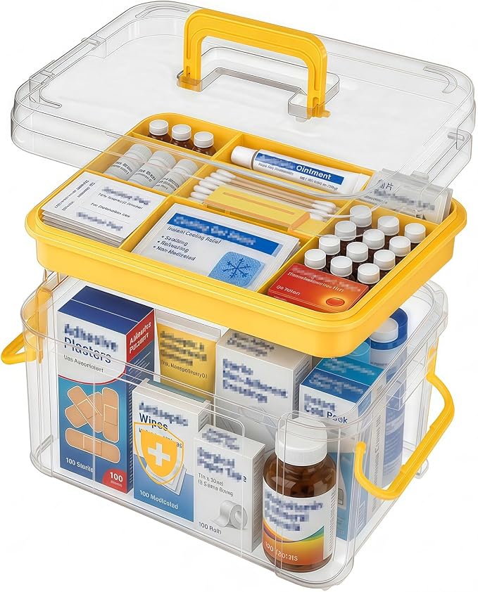 15QT Clear Medicine Organizer Box with Handle, Plastic Medicine Container with Tray First Aid Box Empty, Thickened Medicine Storage Organizer Multipurpose Medication Organizer Storage, Yellow