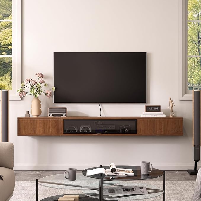 FurniNova 55" Floating TV Stand for 43 50 55 60 inch TV,Modern Plywood Wall Mounted Entertainment Center with Push-to-Open Doors, High Gloss Media Console,Small Space Floating Shelf,Walnut