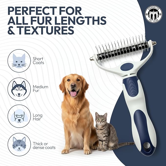 BPG Pet Grooming Tools for Dogs & Cats- 2 in 1 Dual Sided Undercoat Rake for Dogs Heavy-Duty Non Slip Grip Deshedding Comb Skin Safe with Ergonomic Handle to Reduce Shedding