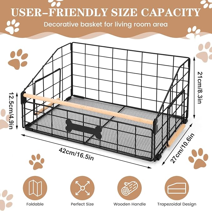 16.5" Metal Dog Toy Basket With Wooden Handle for Living Room Area | Trapezoid Storage Bin for Puppy Chew Toys, Indestructible Organizers and Storage for Pet Supplies, Clothes