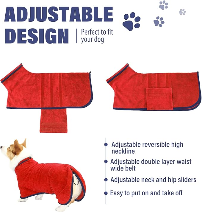 Dog Drying Coat - Fast Drying Dog Towel Robe - Microfiber Super Absorbent Pet Bathrobe, Adjustable Collar & Belly Strap Fast Drying Bath Robe Towel (Medium, Red)