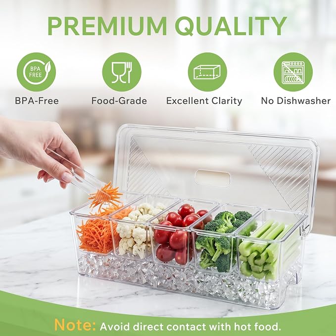 Condiment Caddy with Lid, Condiment Containers,Serving trays | Food Storage Containers, Includes 5 Spoons and 2 Clips, 5 Detachable Compartments, For Fruits Nuts Cookies Condiments