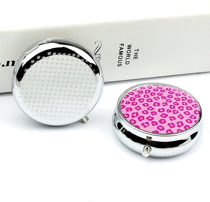 Travel Pill Container, Pink Leopard Print Round Metal Organizer, 3-Section Case for Medicine, Pocket Purse Dispenser for Business Travel