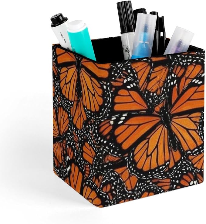 Pu Leather Pens Pencils Holder Cup for Men Women Square Makeup Brush Holder Desk Accessories Heaps Of Orange Monarch Butterflies Container Box for Office Supplies