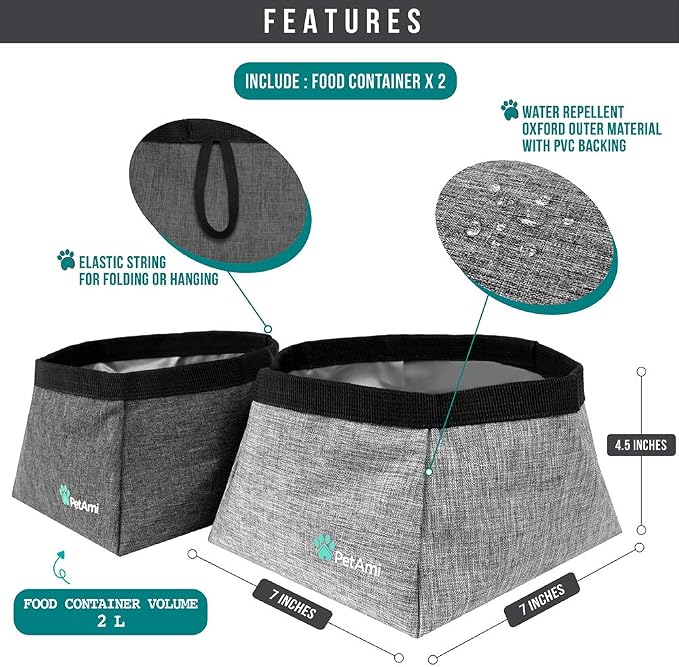 PetAmi Collapsible Dog Travel Bowls, Large Lightweight Foldable Bowl, Water Food Bowls for Pets Dogs for Hiking, Camping, Backpacking, Kibble, 2 Pack (Heather Grey)