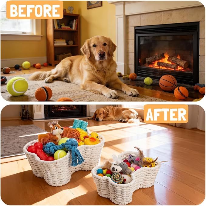ZAVOOS 2 Pack Dog Toy Basket, Handwoven Bone Shape | Cotton Rope Pet Food Storage Baskets, Pet Supplies Organizer Bin for Chew Toys, Blankets, Treats, Leashes, 2 Sizes