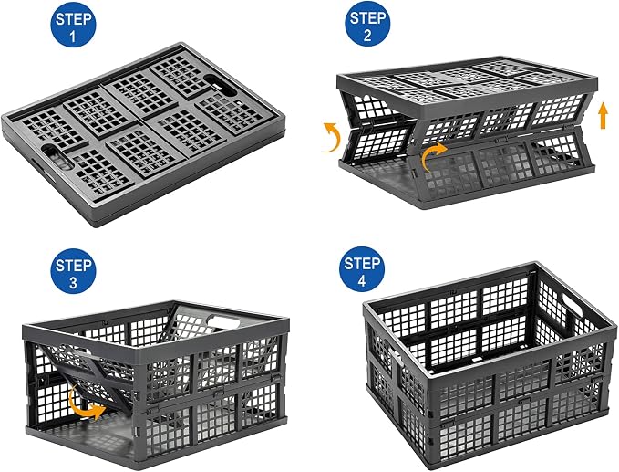 Eslite 34L Large Plastic Folding Storage Crates,Collapsible Crates for Storage,Pack of 3 (Grey)