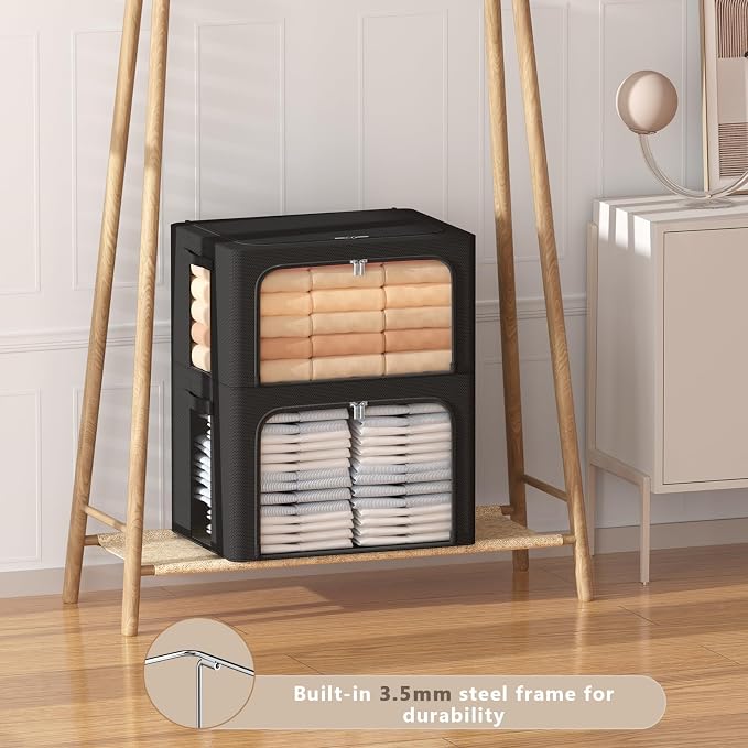 CYhom 3Pack Frame Storage Box - Clothes Storage Bin Bags Oxford Fabric Foldable Stackable Container Organizer Set with Clear Window & Carry Handles (Black, X-Small-36L)