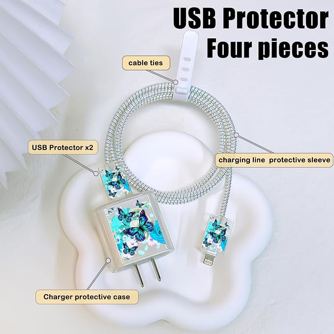 Cute Cable Protector for iPhone Apple Charger,Pretty Flower Butterfly Design,Data Cable USB Case Cord Saver Phone Charger Protector for iPhone 11 12 13 14 Pro Max XS XR X 7 8 Plus-Bright Blue