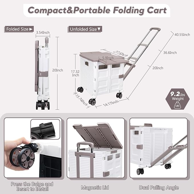 FELICON SELORSS Folding Utility Cart Portable Rolling Crate Handcart-White | Adjustable Handle+Extended Magnetic Lid,Storage Basket Box,4 Swivel Wheels Tote for Teacher Move Shop Travel Grocery Office