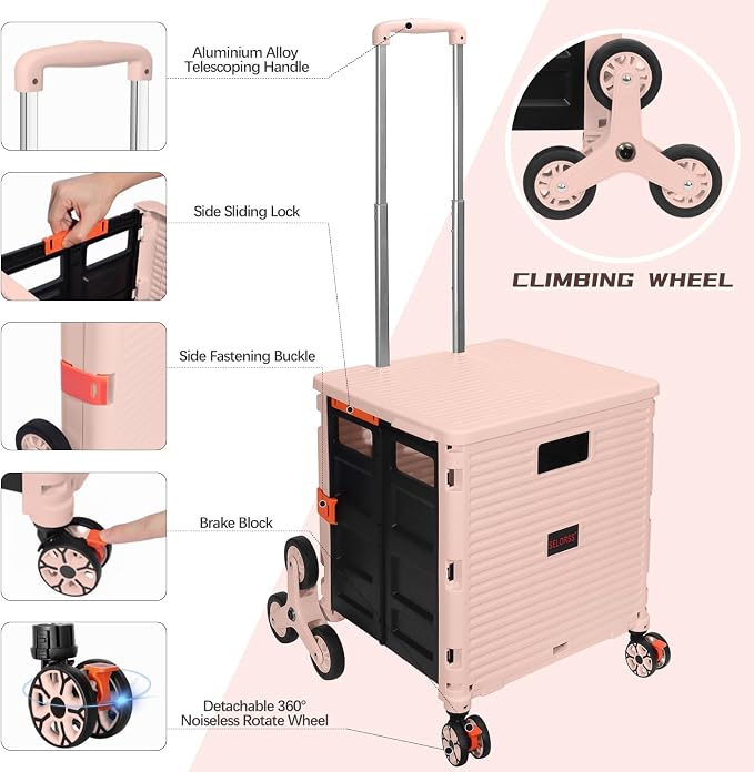Foldable Utility Cart Collapsible Crate Rolling Carts with Stair Climbing Wheels Rolling Tote Basket Teacher Cart with Lid Wear-Resistant 360°Rotate Wheel Noiseless for Shopping Grocery Office