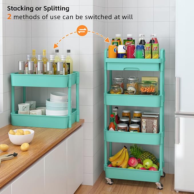 Calmootey 4-Tier Utility Cart with Drawer & Wheels, Storage for Home,Office | Space-Saving Organizer, Sturdy Plastic Shelves, Smooth-Rolling Metal Wheels, Built-in Drawer for Small Items, Green