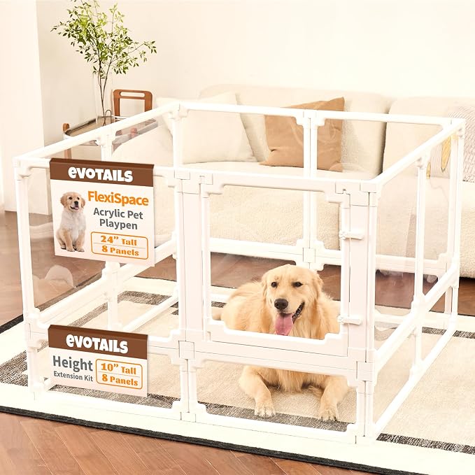 Dog Playpen, Expandable & Stackable Acrylic Dog Play Pen (White, 10", 2 Panels)