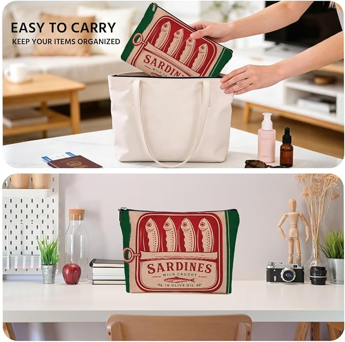 JIUWEIHU Vintage Sardines Gifts Makeup Bag Canned Sardines Cosmetic Bag | Travel Toiletry Bags Fish Makeup Pouch Christmas Birthday Gifts for Women Mom Girls Sisters Friends Sardine Lovers