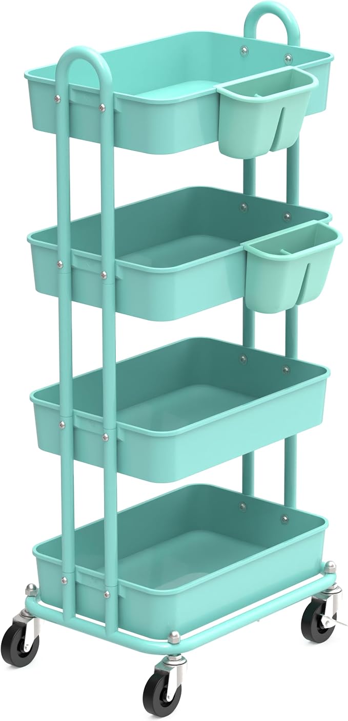 Simple Houseware 4-Tier Rolling Utility Cart with Hanging Bucket, Turquoise | Storage for Bathroom, Kitchen, Office, Study Room, Nursery Diaper