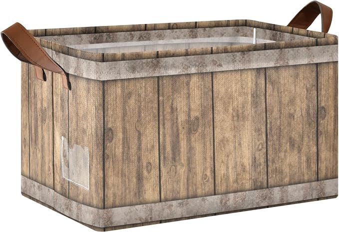 Rust Light Brown Wood Grain Storage Basket Foldable Cube Storage Bins with Handles&Label Collapsible Organizer Box Bin Large Rectangle Decorative Baskets for Shelves Home Living Room Closet