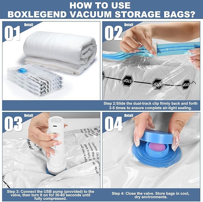 BoxLegend 10 Jumbo Vacuum Storage Bags with 1500mAh USB Electric Pump 31.5’’x39.37'' Thickened Vacuum Seal Bags for Large Down Jackets Comforters Bedding & Pillows Clothing Space-Saving Home Storage
