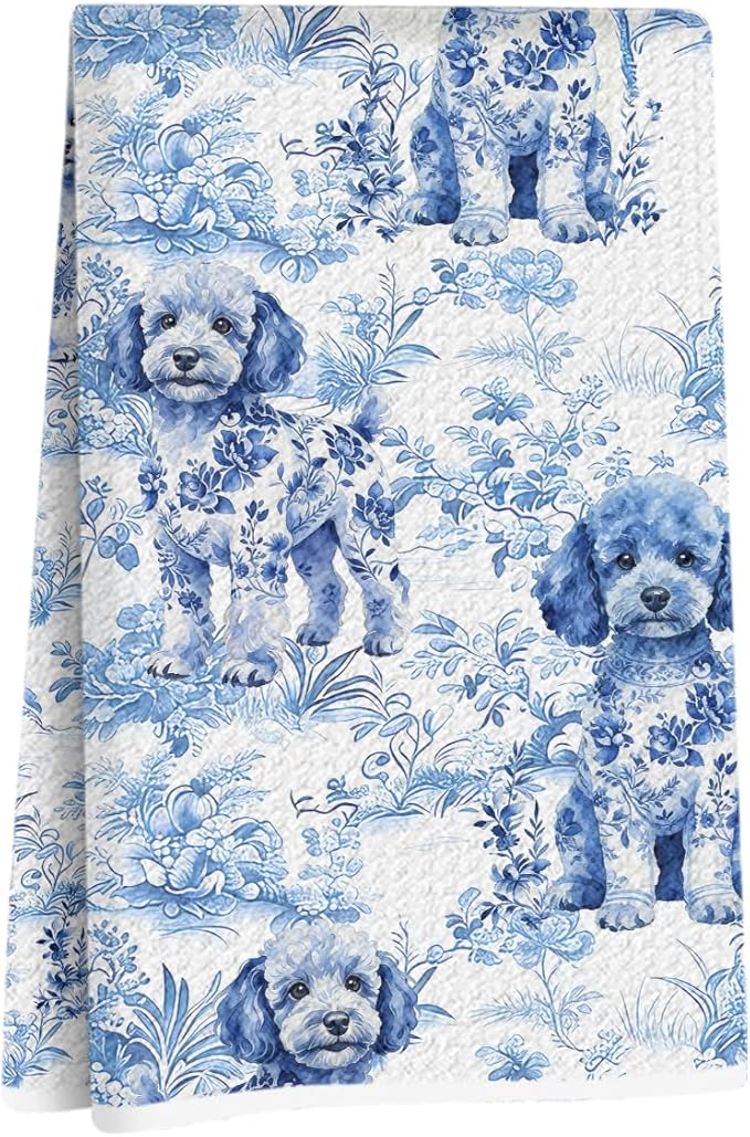 Hanamiya Na Chinoiserie Poodle Kitchen Towels 24x14 Inch, Poodle Gifts Reusable Dish Towels for Kitchen Decor, Blue and White Floral Waffle Weave Botanical Hand Towel, Funny Dog Gifts for Women Mom