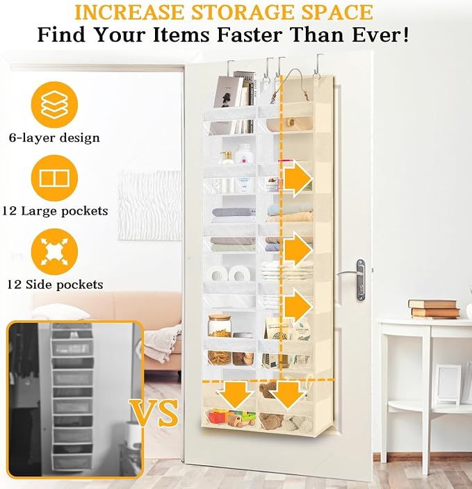 Over The Door Organizer 6 Tiers, Extra Large Behind Door Storage of 12 Compartments, 80 lbs Weight Capacity Hanging Storage Organizer with Clear Window Kids Toys, Shoes,Diapers, Room Storage, White