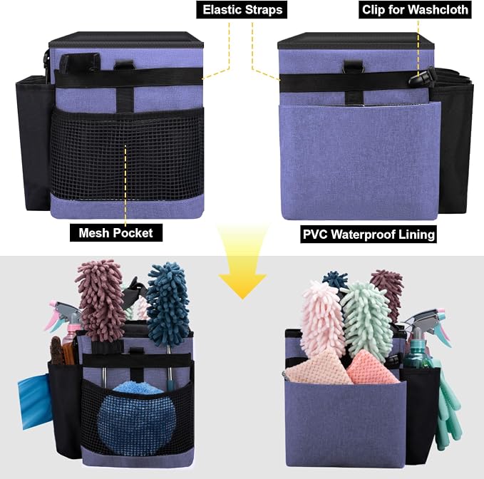 Wearable Large Cleaning Caddy Bag for Housekeepers (Purple) | Cleaning Supplies Organizer with Adjustable Shoulder, Waist & Handle Straps, Detailing Bag for Kitchen Supplies